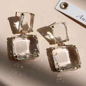 NEW! Gold Plated Geometric Minimalist Crystals Square Dangle Drop Post Earrings